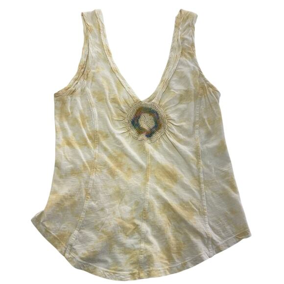 Free People Tops - Free People Tank Top Womens Medium Yellow Tie Die Crochet Medallion Split Back